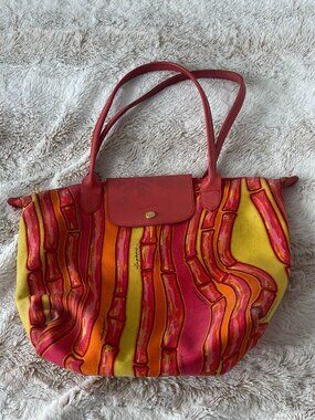 Limited edition Longchamp Le Pliage Pink and Orange Bamboo Print Bag in Medium